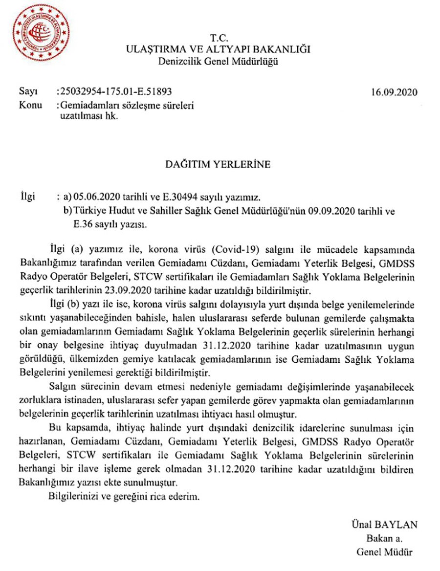GEMİ ADAMI BELGELERİ 2020 SONUNA KADAR GEÇERLİ